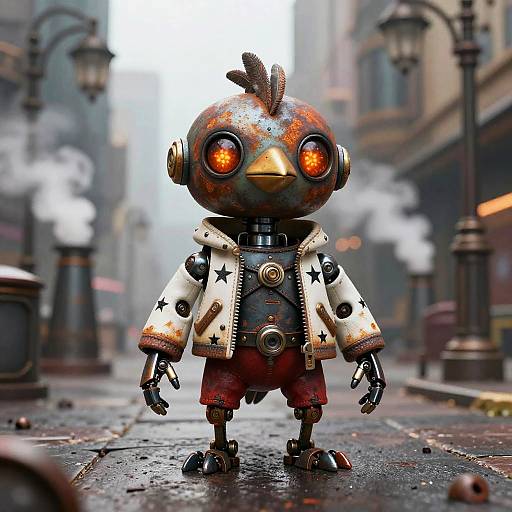 Steampunk Robot Bird in City Square