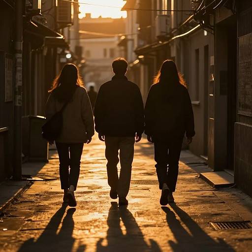 Photograph of three silhouetted figures—two women and one man—walking down a sunlit, narrow urban alley at sunset, casting long