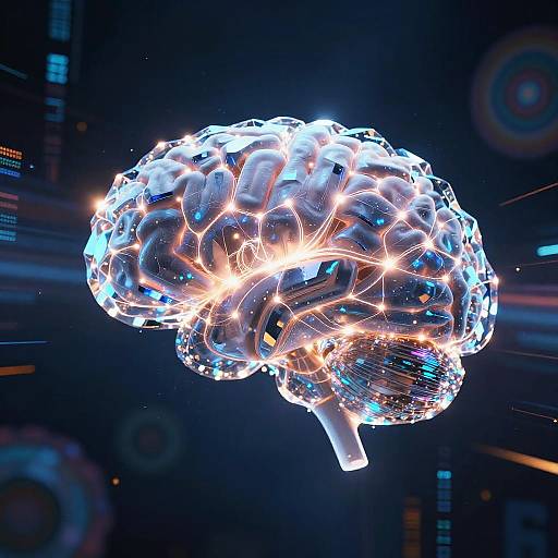 Digital CGI of a glowing, illuminated, futuristic brain with vibrant blue and orange lights against a dark, tech-themed background.