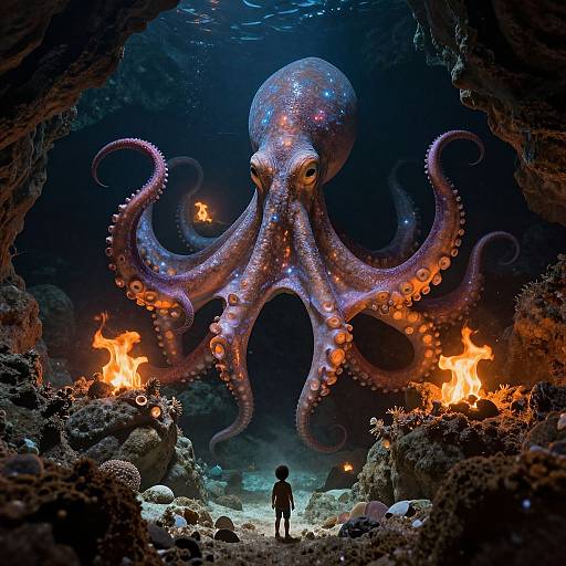Photorealistic CGI of a giant, glowing, starry octopus with fiery tentacles, looming over a small, silhouetted figure in
