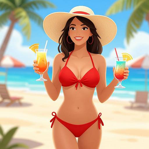 Woman in Red Bikini on Tropical Beach