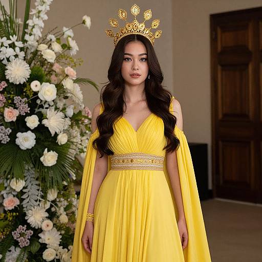 Photograph of a young woman with long dark hair, wearing a golden crown, yellow off-shoulder dress, and gold bracelet, standing in front