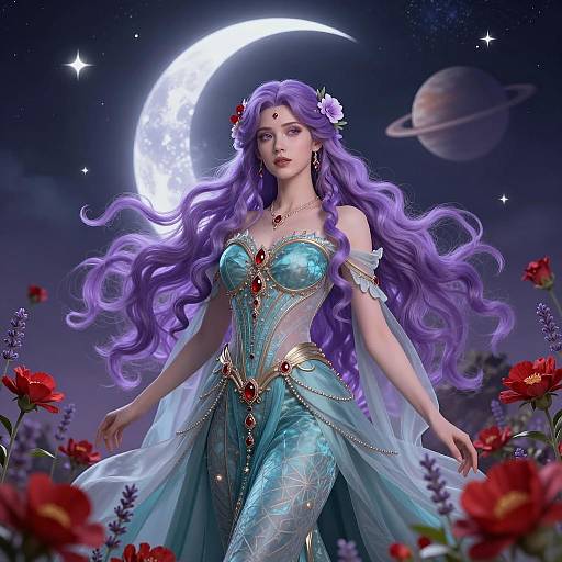 Fantasy Woman with Purple Hair and Teal Gown