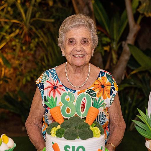 Photograph of an elderly woman with short gray hair, wearing a colorful floral dress and pearl necklace, smiling while holding a birthday cake with 