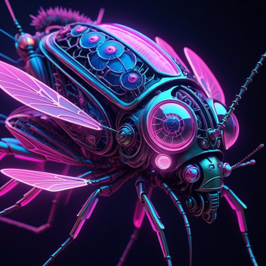 Cinematic Mechanical Insect with Neon Lighting