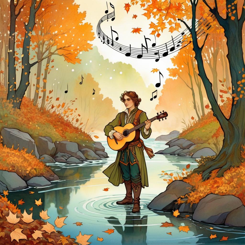 Autumn Bard on Riverbank in Mucha Style