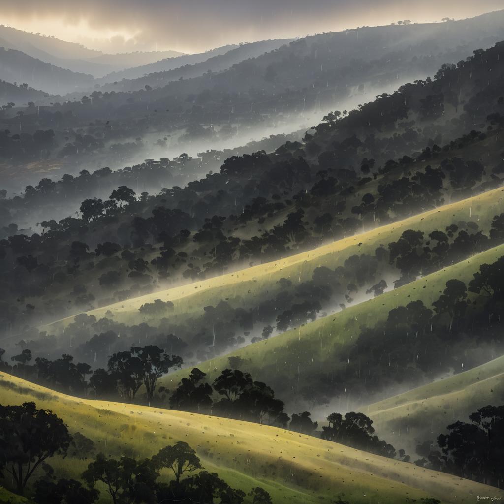 Misty Foothills and Lush Valleys Scene