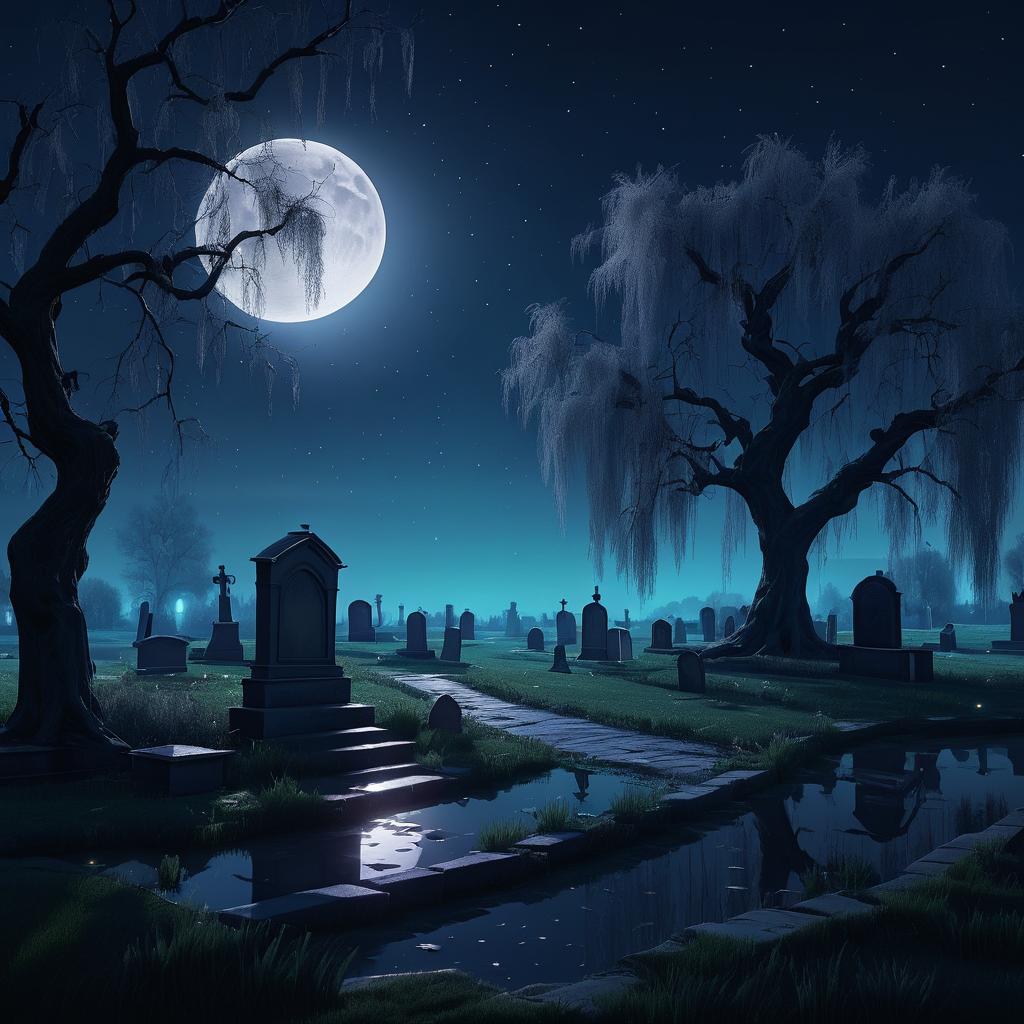 Eerie Graveyard Under Moonlit Willow