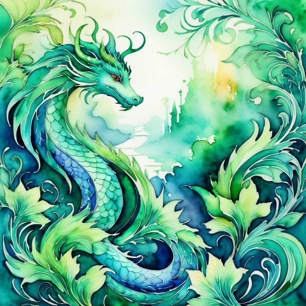 Elegant Dragon Art Nouveau Watercolor