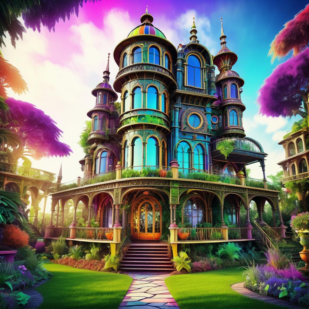 Vibrant Steampunk Mansion in Fantasy Garden