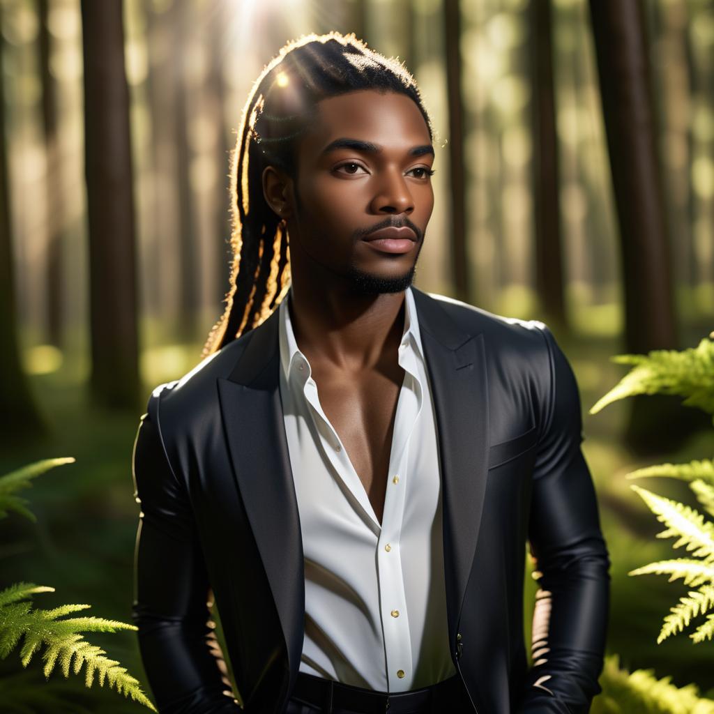 Serene Black Male Supermodel in Forest