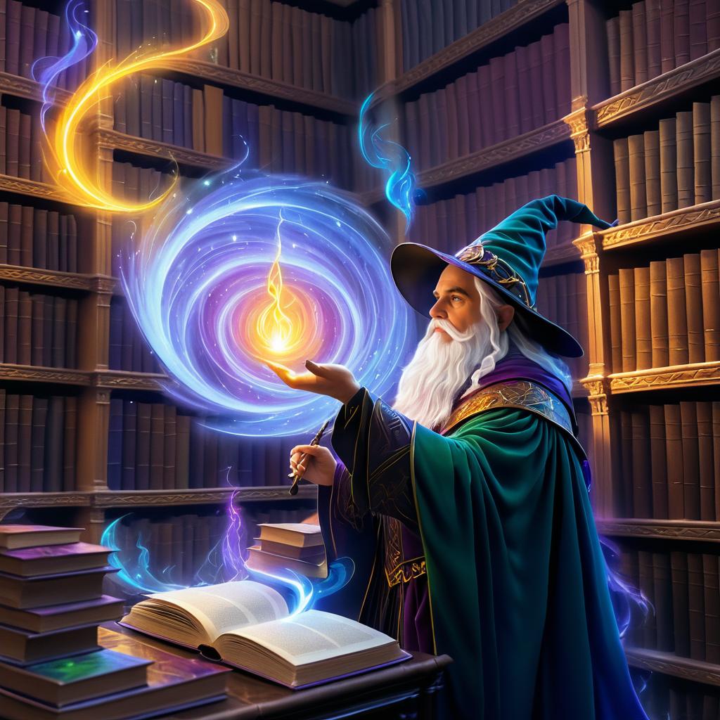 Enchanted Wizard in a Mystical Library