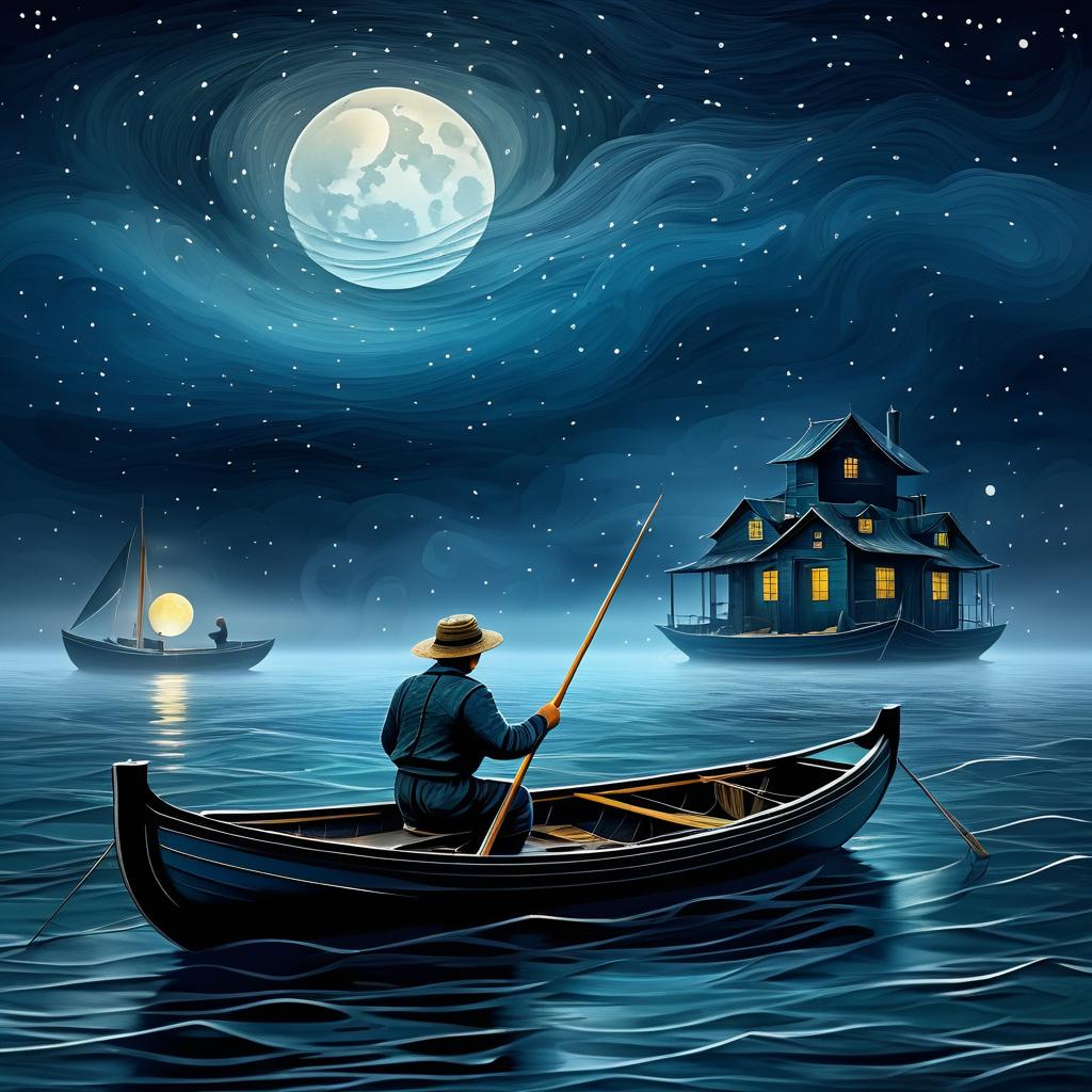 Eerie Vintage Fisherman in Night Ocean