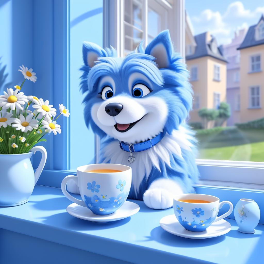 Adorable Blue Dog Sipping Tea