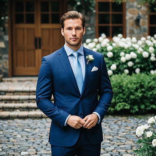 Man in Blue Suit at Outdoor Wedding