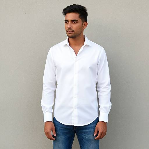 Photograph of a young man with short black hair, medium build, wearing a white button-up shirt and blue jeans, standing against a plain white wall