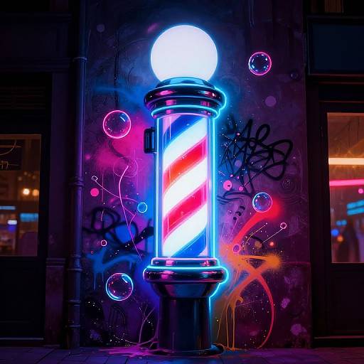 Neon-lit barber pole with vibrant red, white, and blue stripes, glowing against a dark, graffiti-covered urban wall at night.