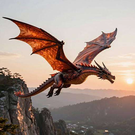 Photorealistic digital illustration of a red, winged dragon soaring over a mountainous landscape at sunset, with detailed scales and sharp claws.