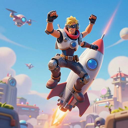 Digital artwork of a blonde, muscular man in a sci-fi suit, flying on a rocket with arms raised, blue sky background, various flying vehicles and