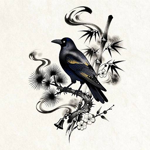 Minimalist Sumi-e Crow Tattoo Design