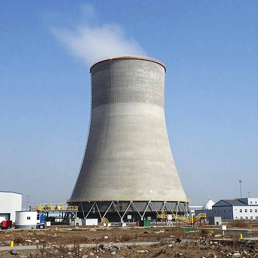 Photograph of a tall, cylindrical coal-fired power plant chimney emitting white smoke against a clear blue sky, surrounded by industrial buildings and equipment in an ar