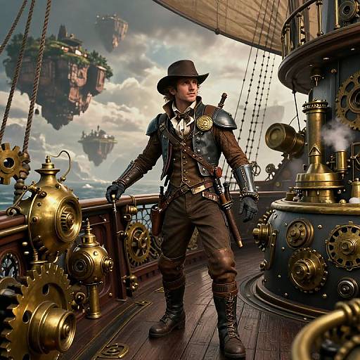 Steampunk pirate standing on a ship's deck, surrounded by brass machinery, wearing brown outfit with leather boots and hat, against a cloudy sky with
