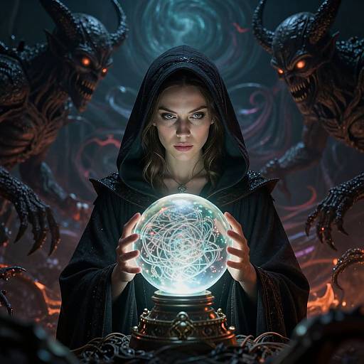 Digital artwork of a mysterious woman in a black hooded cloak, holding a glowing, swirling orb, surrounded by dark, menacing demons.