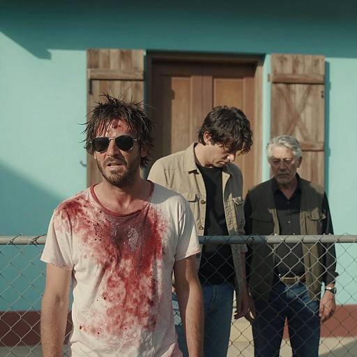 Three Men by a Turquoise House Scene