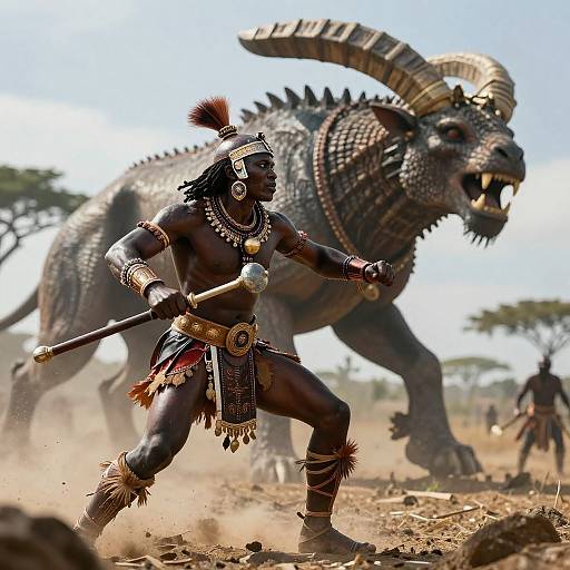 Photorealistic CGI of a muscular, dark-skinned warrior in tribal attire, wielding a sword, facing a large, horned, scaly beast