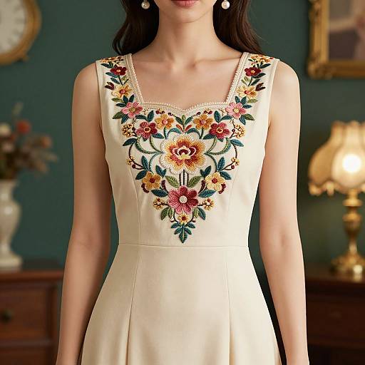 Photograph of a woman in an off-shoulder, cream-colored dress with intricate floral embroidery on the chest, standing in a dimly lit,
