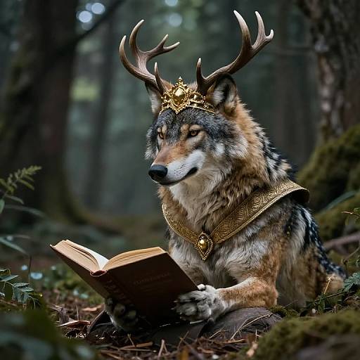 Photorealistic fantasy image of a regal wolf with antlers, golden crown, and collar, reading an open book in a dark, misty
