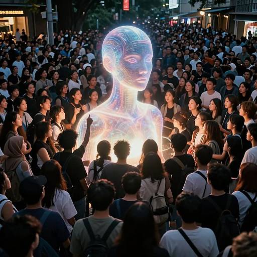 Photograph of a crowded street at night, illuminated by a glowing, holographic female face sculpture centered among diverse, captivated onlookers.