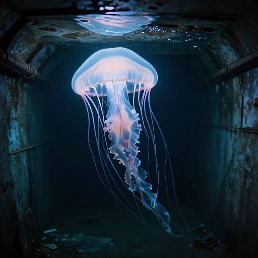 Photograph of a glowing blue and white jellyfish with translucent tentacles floating in a dark, narrow, corroded underwater tunnel.
