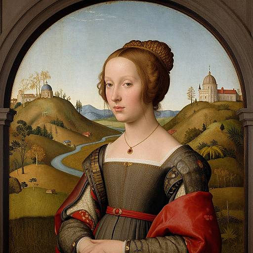 Renaissance portrait of a fair-skinned woman with brown hair in an intricate updo, wearing a dark dress and red cloak, set against a
