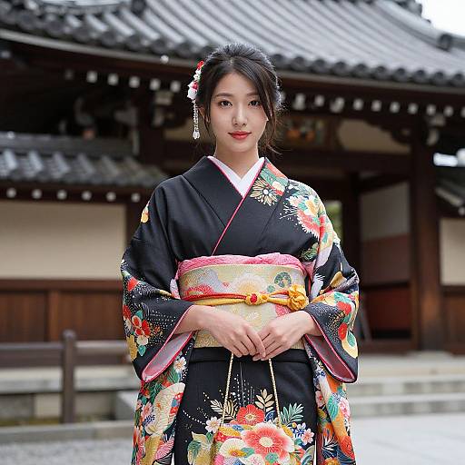 Photograph of a beautiful Asian woman in a black floral kimono with colorful patterns, standing in front of a traditional wooden building with a tiled roof.