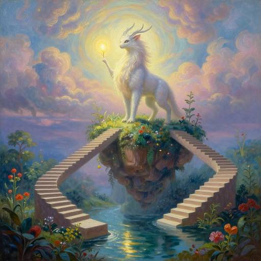 Fantastical digital painting of a white, glowing, antlered creature standing on a floating island with stairs, surrounded by vibrant flowers and a radiant