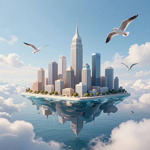 Digital artwork of a floating cityscape with skyscrapers, seagulls flying, and a reflective water surface, set against a bright blue sky with