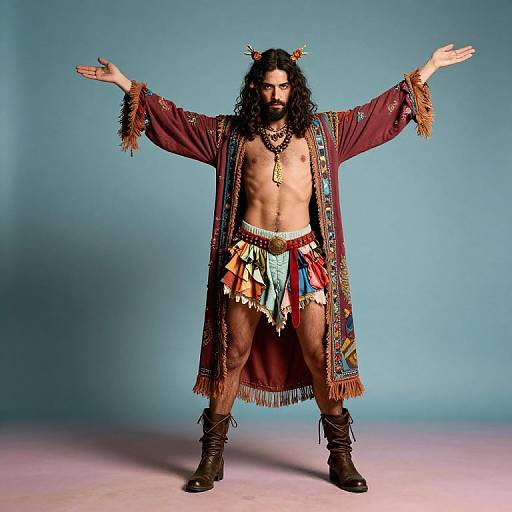 Photograph of a bearded man with long curly hair, wearing a red fringed robe, colorful tribal skirt, and brown boots, standing with arms