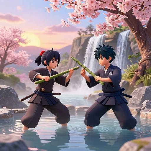 Anime-style digital artwork of two samurai children in black kimonos, facing each other with bamboo rods, kneeling in a serene, cherry blossom-filled