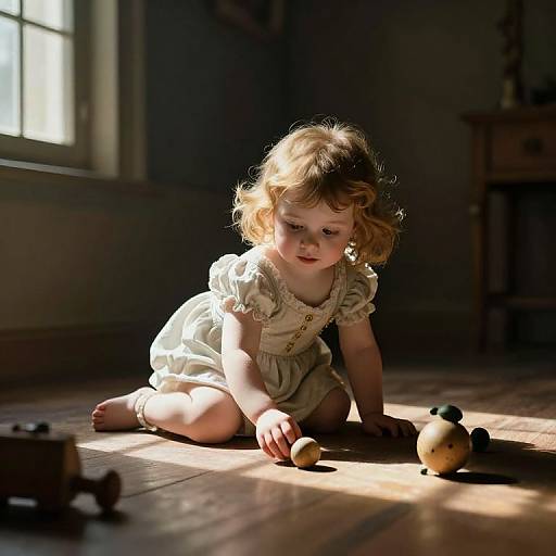 Photograph of a curly-haired toddler in a white dress, kneeling on wooden floor in sunlit room, playing with wooden toys.