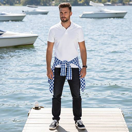 Photograph of a bearded man with short brown hair, wearing a white polo, black pants, and checkered shirt tied around waist, standing on