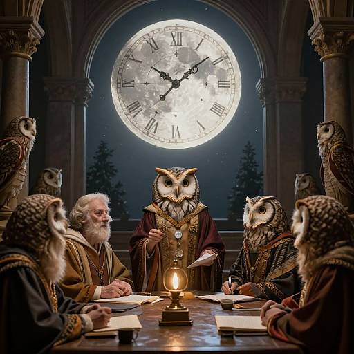 Photograph of six wise owls in medieval robes, seated around a wooden table under a large, glowing clock in a dark, arched room.