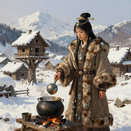 Biopunk Shaman Geisha in Snowy Village