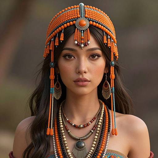 Photorealistic digital portrait of an Asian woman with long black hair, wearing an ornate orange and black beaded headpiece, multiple necklaces,