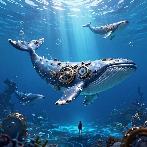 Digital artwork of a giant, gear-adorned blue whale with smaller whales, underwater, illuminated by sunlight, with a lone figure standing below.