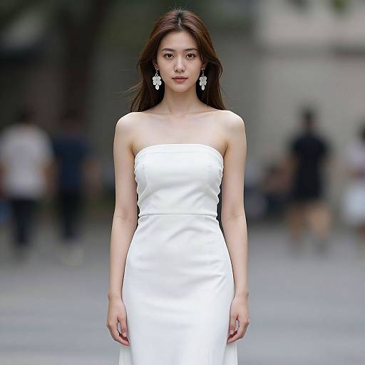 Photograph of a young Asian woman with long brown hair, wearing a strapless white dress and large floral earrings, walking confidently down a blurred, outdoor