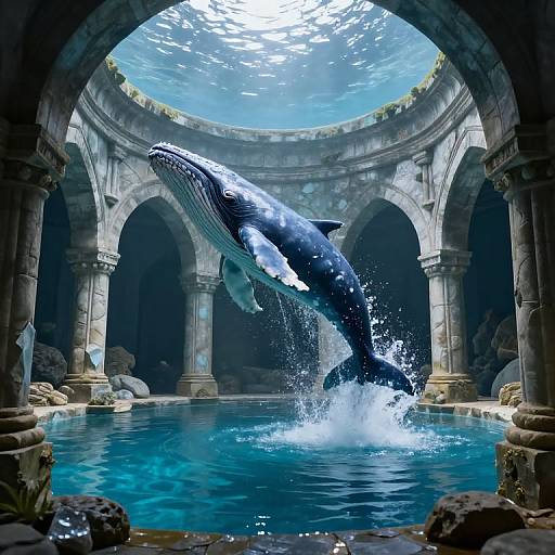 Photorealistic digital artwork of a massive jumping orca in a clear blue pool, splashing water, under a sunlit, ancient stone dome with