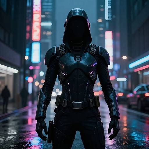 Cyborg soldier in dark, reflective armor stands in a neon-lit, rainy urban street, face obscured, futuristic cityscape in the background.