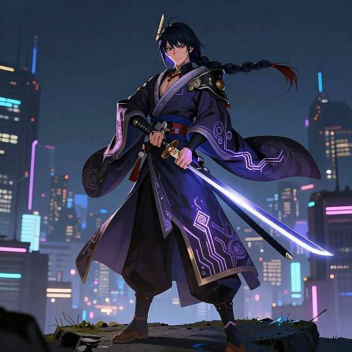 Anime-style digital artwork of a black-haired samurai with braid, neon-patterned kimono, holding glowing sword, standing in futuristic cityscape at