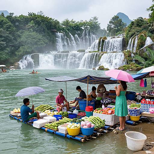 Photograph of a vibrant riverside market with vendors selling fresh fruits under umbrellas, set against a backdrop of cascading waterfalls and lush greenery